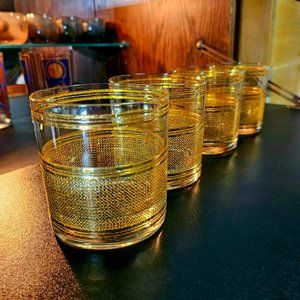 Vintage Culver 22k Gold Burlap Basket Weave Glasses set of 4